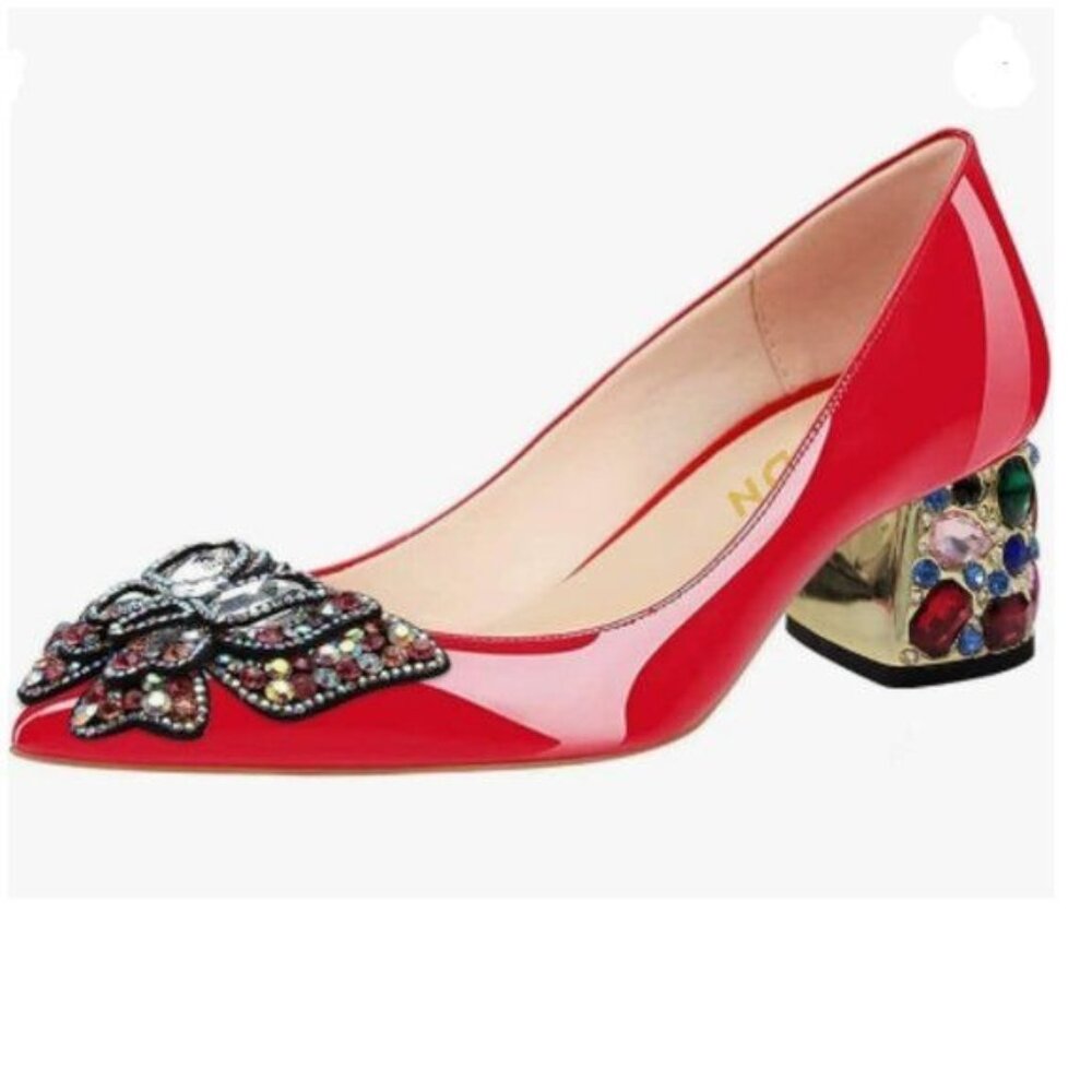 YDN Red Pointed Toe Pump Colorful Rhinestone Low Heel Butterfly Slip On Shoes